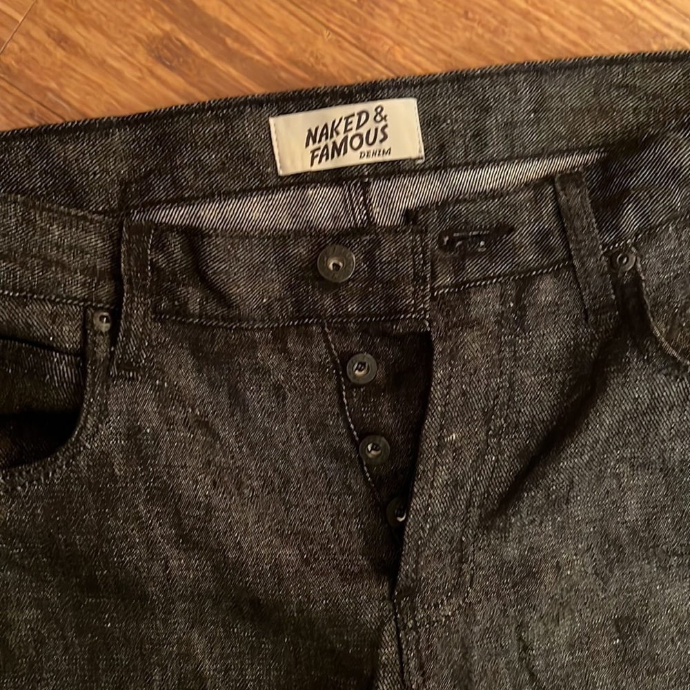Naked & Famous raw black linen denim jeans